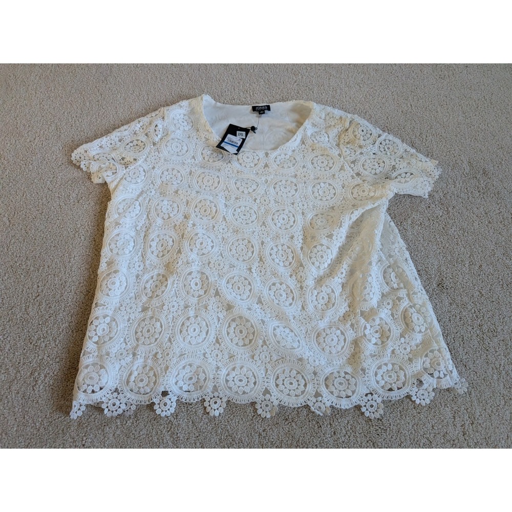 Jones New York White Lace Short Sleeve Blouse Top XL NWT